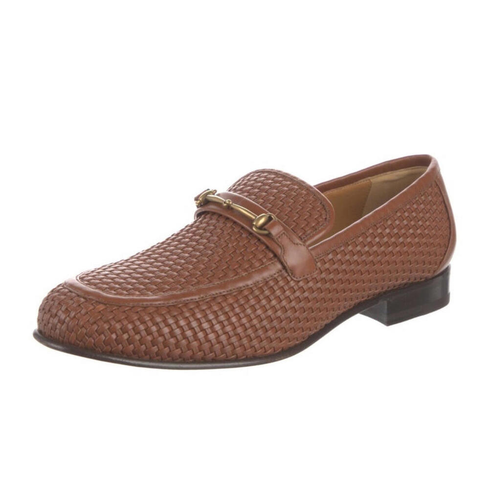 NWT Men's Brown Woven Leather Loafers with Gold Tone Bit Detail US 11 - Picture 2 of 6